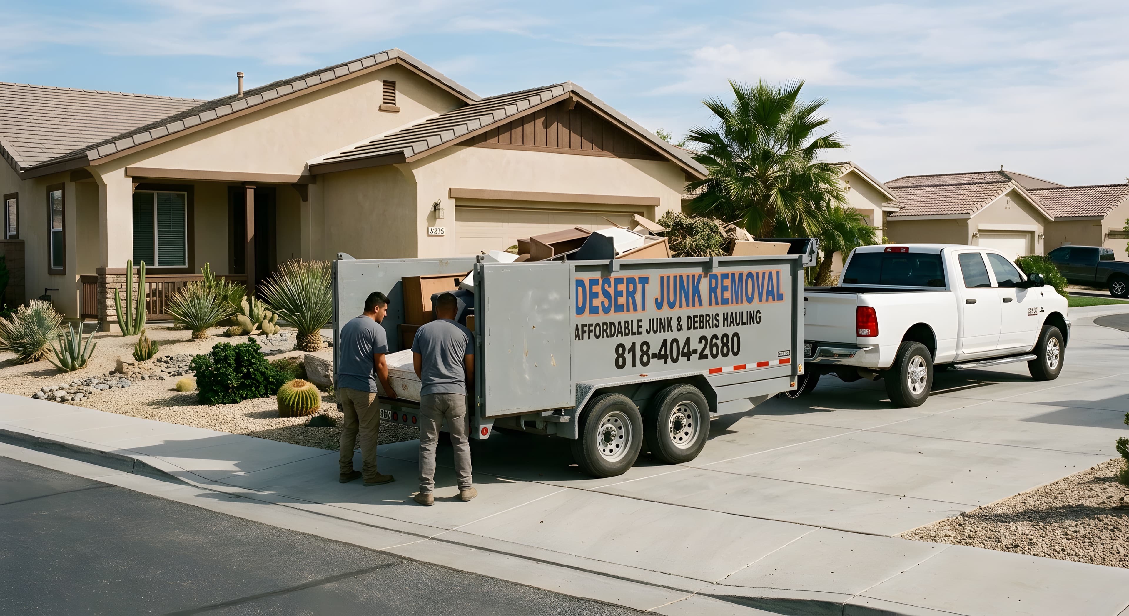 Desert Junk Removal crew loading a trailer outside a home